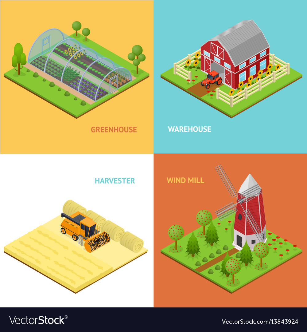 Farm Banner Card Set Isometric View Royalty Free Vector