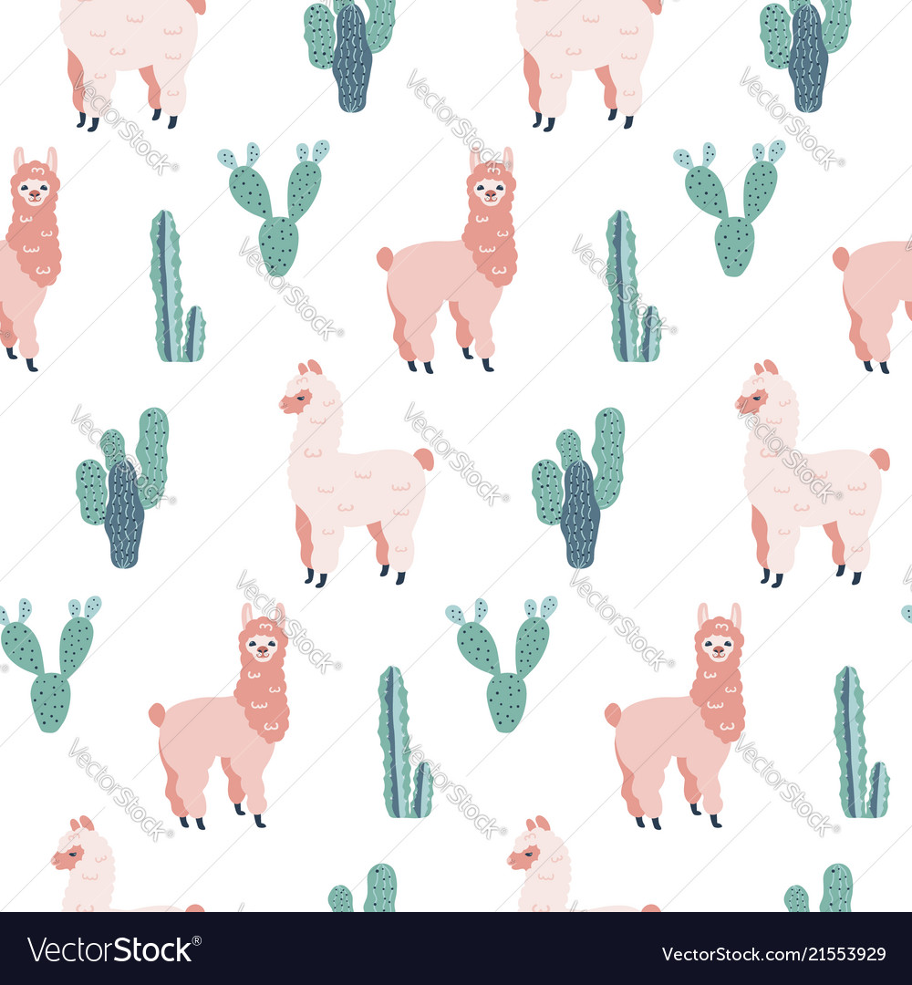 Modern seamless hand drawn pattern with alpacas Vector Image