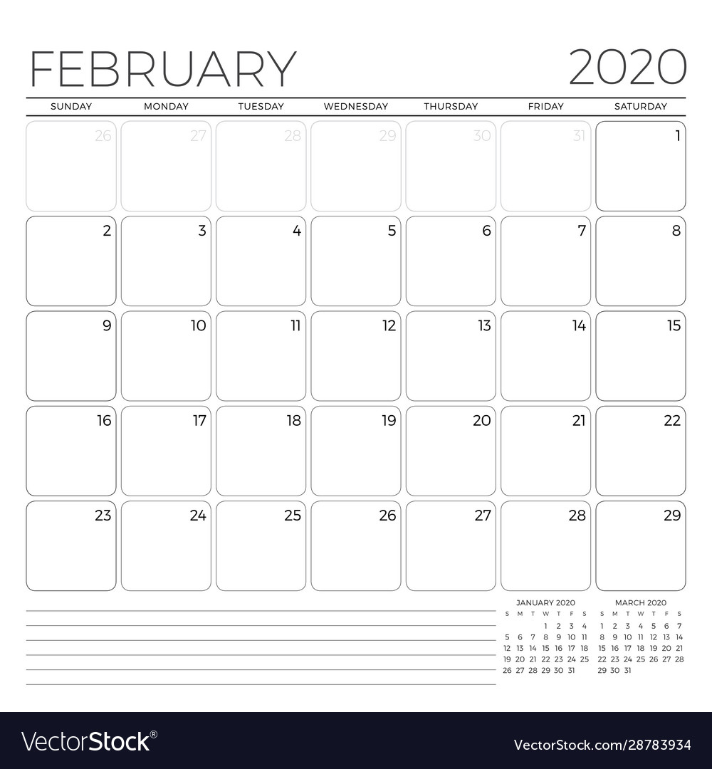 February 2020 monthly calendar planner template vector image