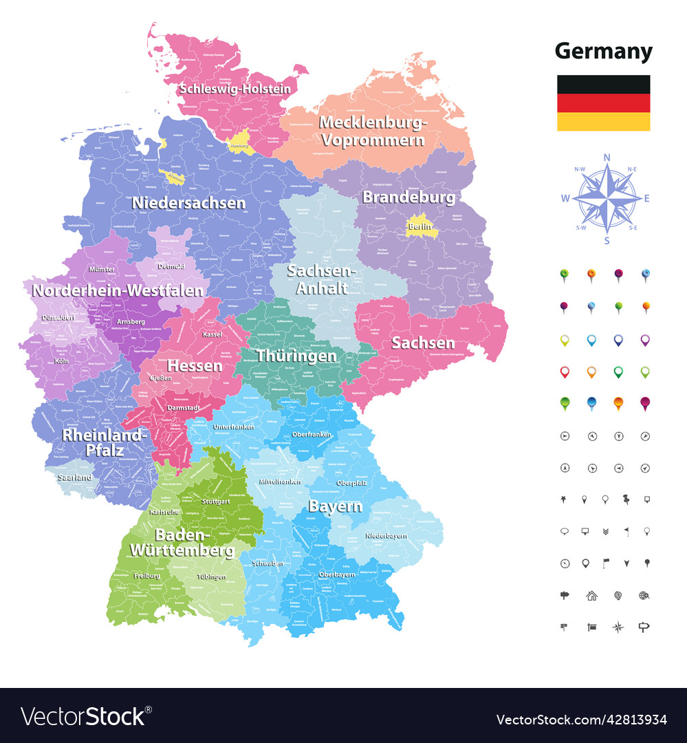 Germany map colored by states and administrative Vector Image