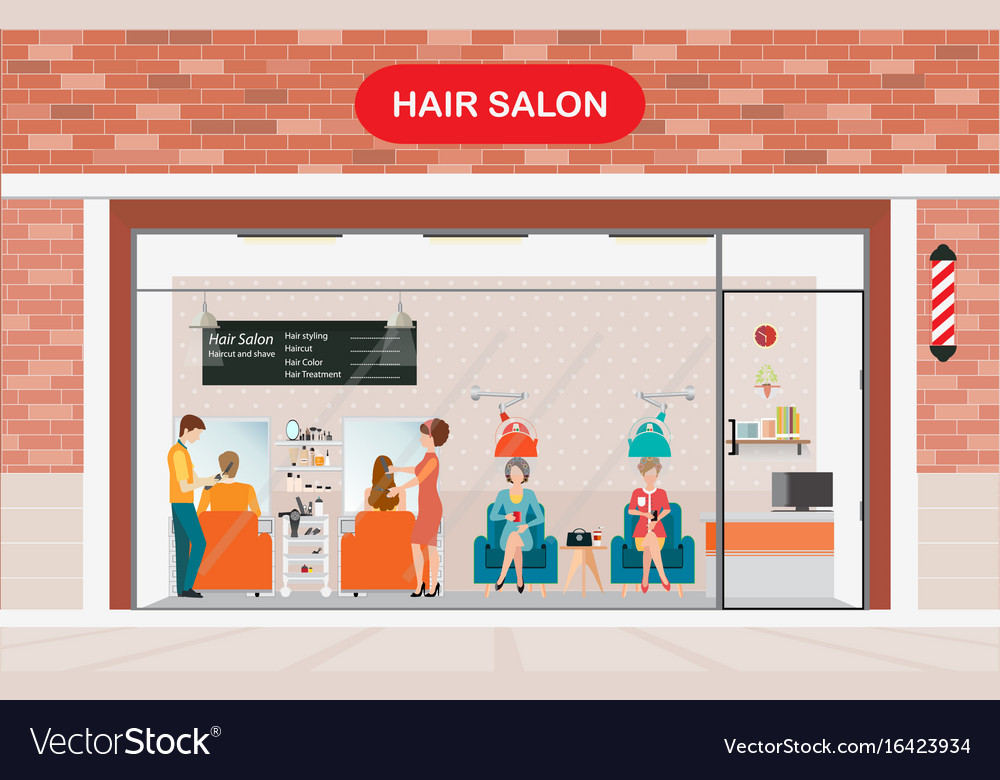 Hair salon building and interior with customer