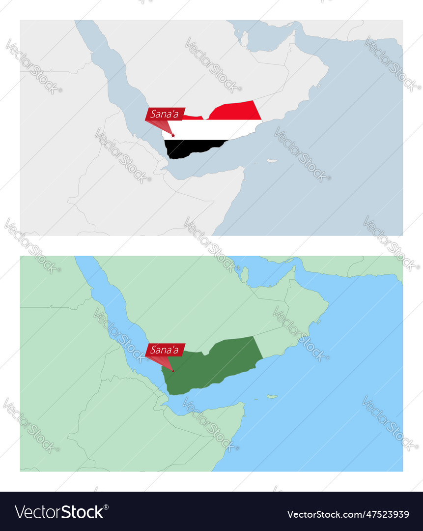 Yemen map with pin of country capital two types