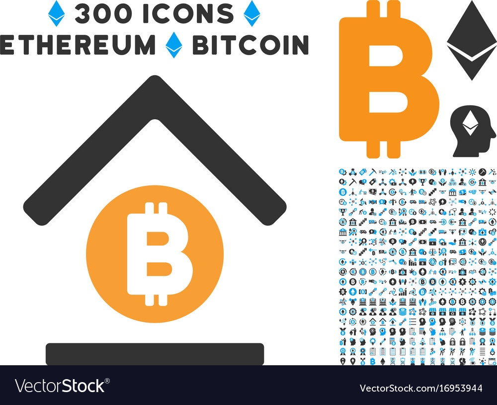 Bitcoin bank roof flat icon with set