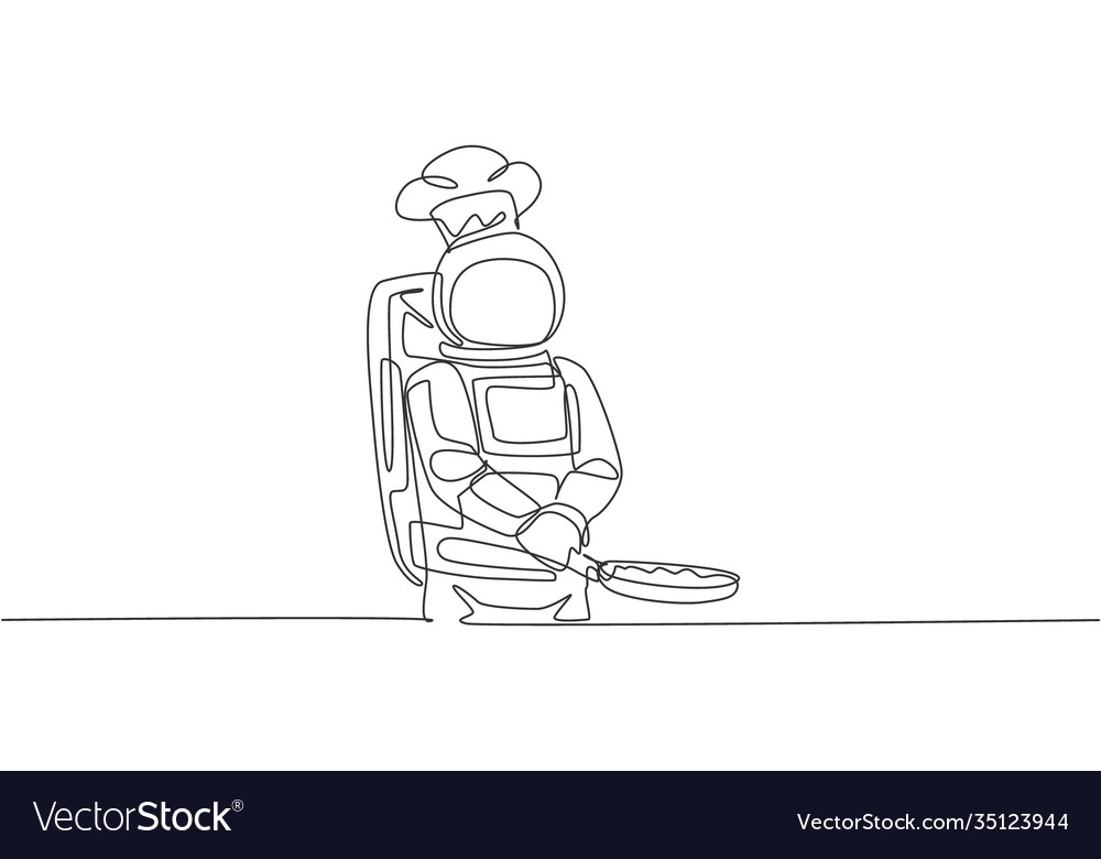 One continuous line drawing astronaut chef frying