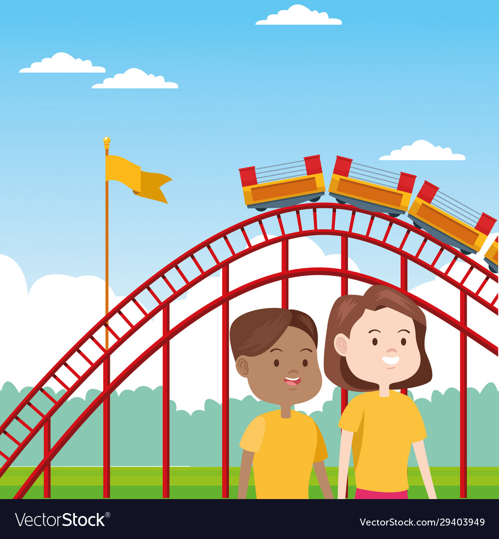 Cartoon happy couple over roller coaster Vector Image