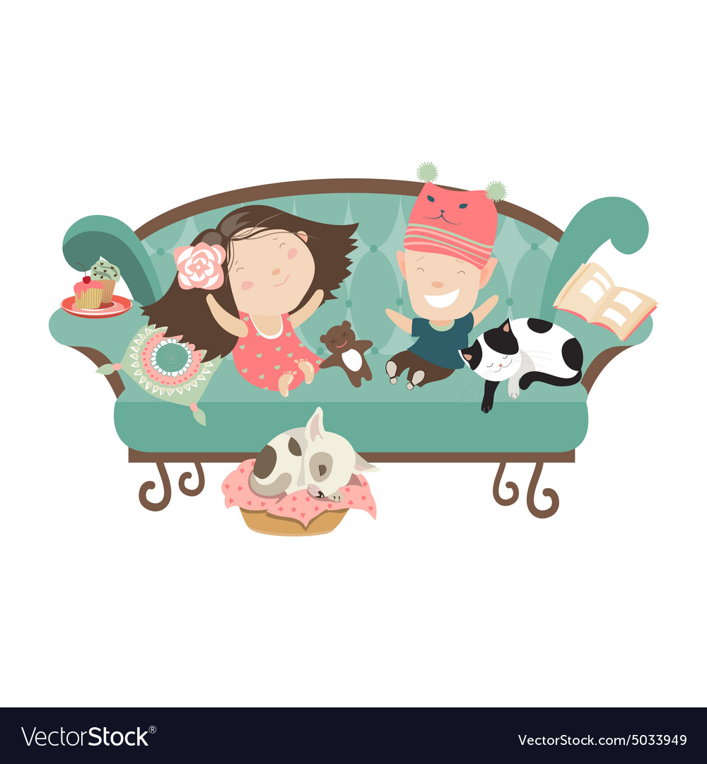 Happy Kids Sitting On The Couch Royalty Free Vector Image