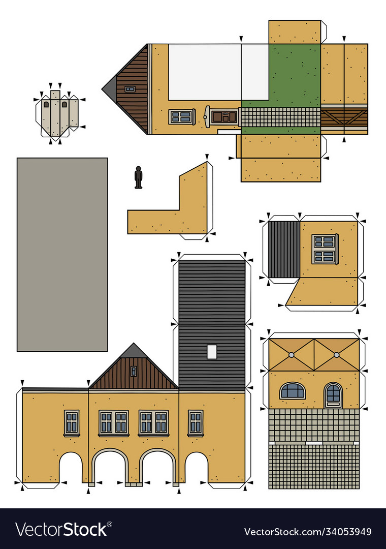 Kids craft paper house. Cut and glue cartoon 3D toy doll house. Building  paper craft model. Printable template Stock Illustration