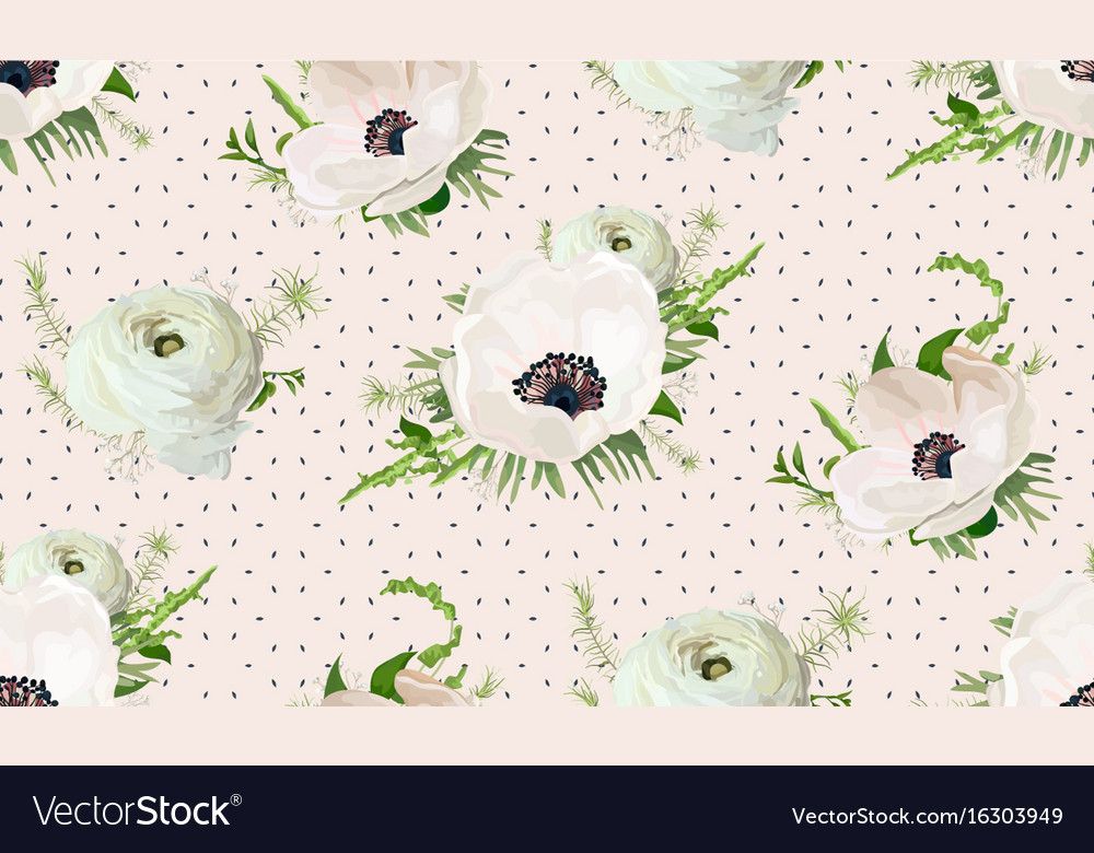 Seamless pattern bouquets of pink anemone white