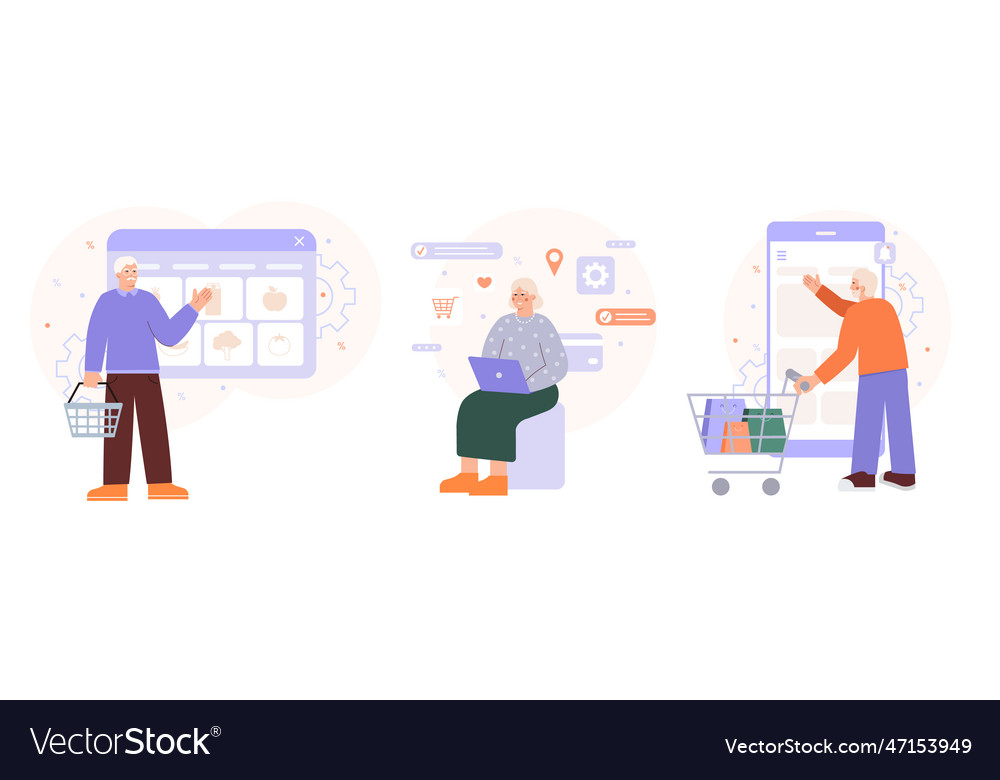 Set of old man and woman buying groceries