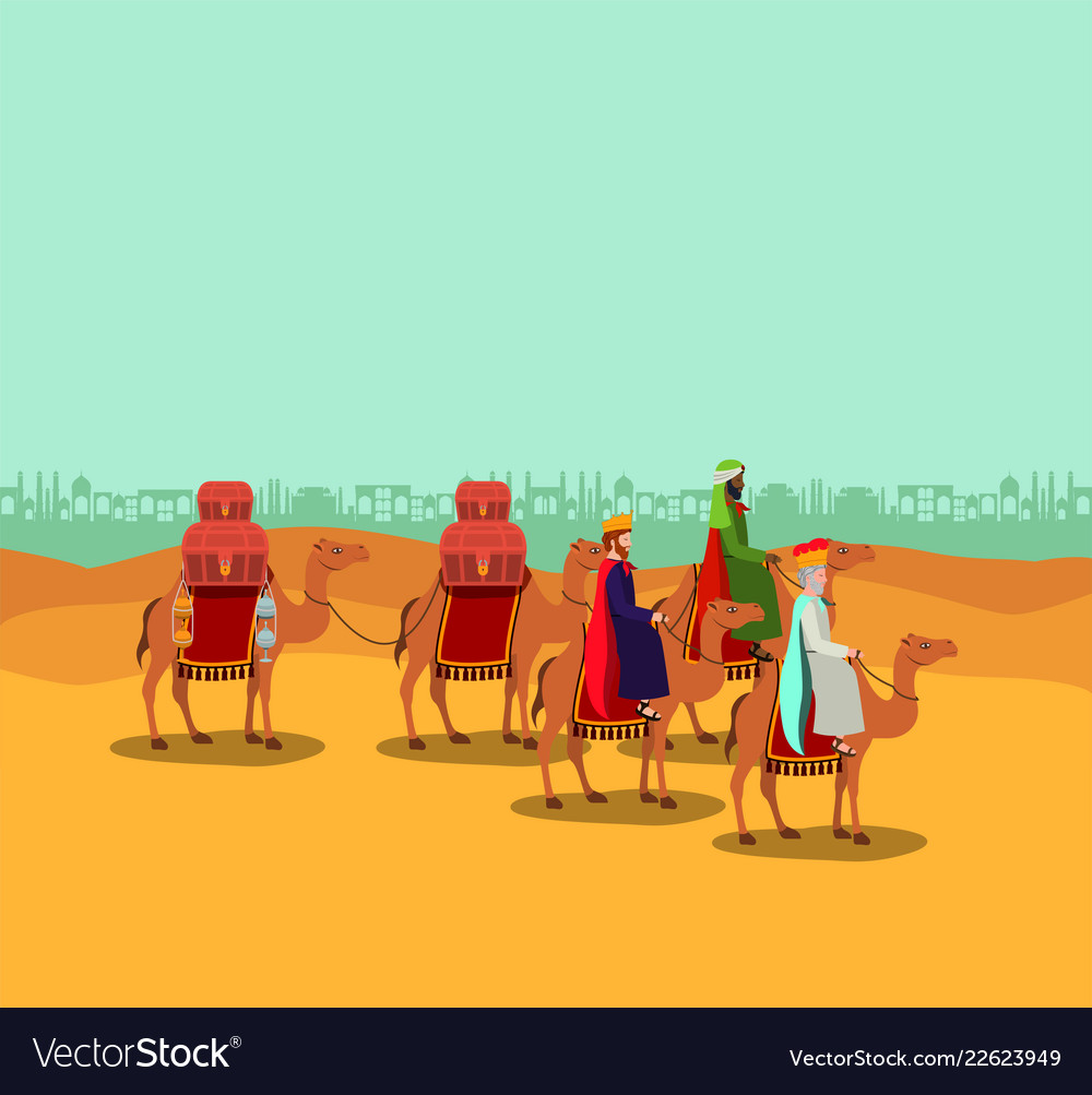 Wise men traveling in the desert christmas scene