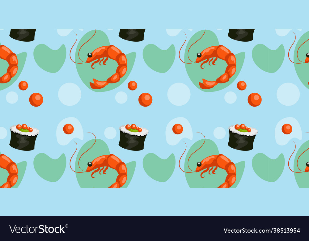 Seamless pattern various seafood caviar shrimps