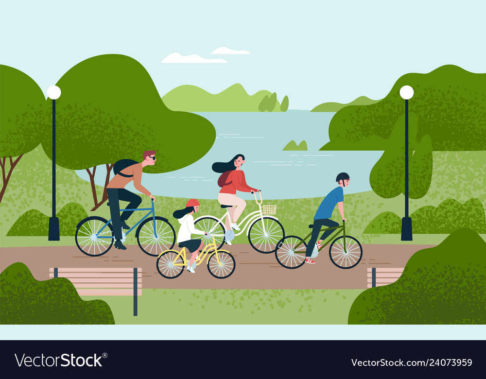 Cute family riding bicycles mom dad and children Vector Image