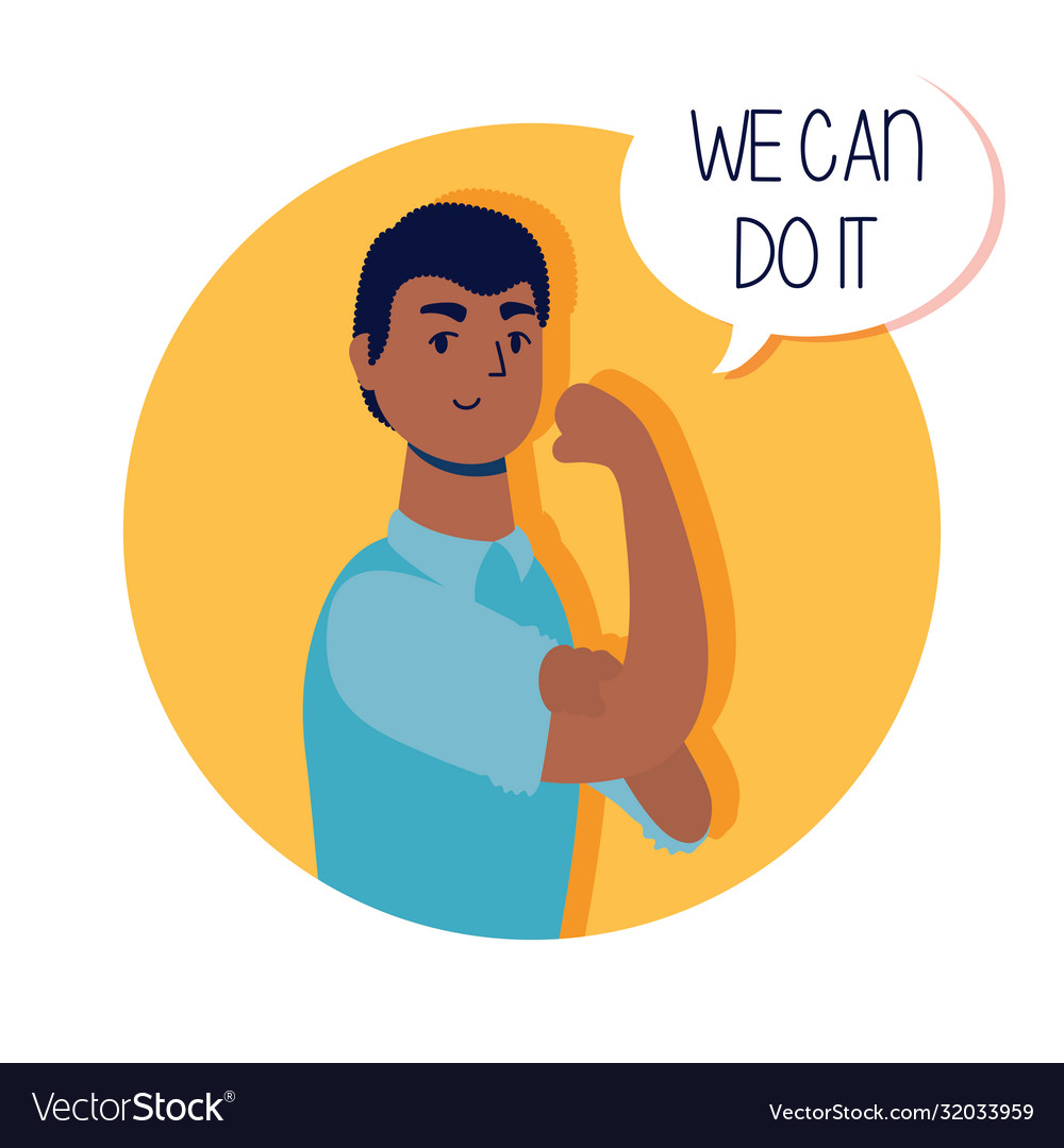 Young man with we can do it message in speech Vector Image