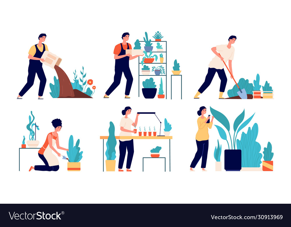 People planting woman working on ground cartoon Vector Image