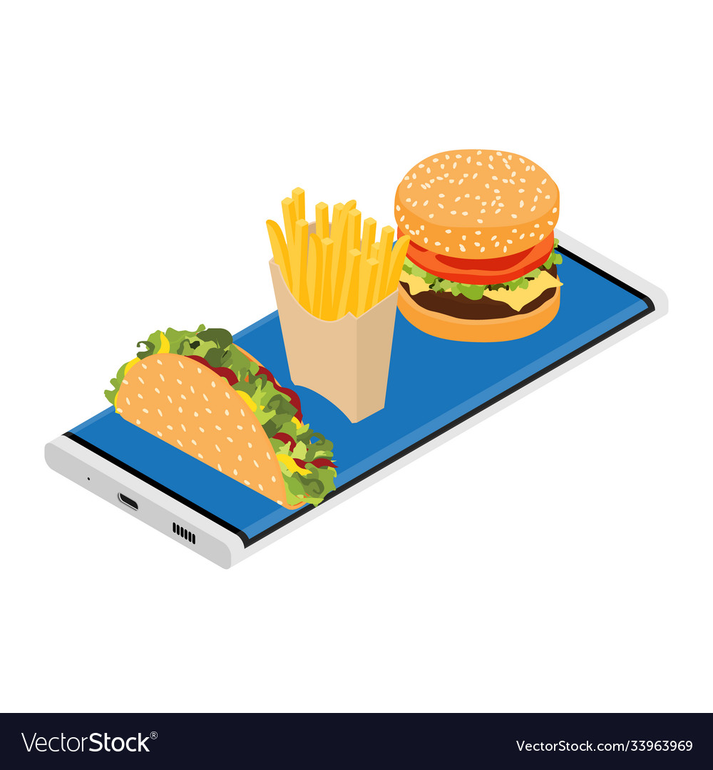 Phone with app delivery fast food screen burger