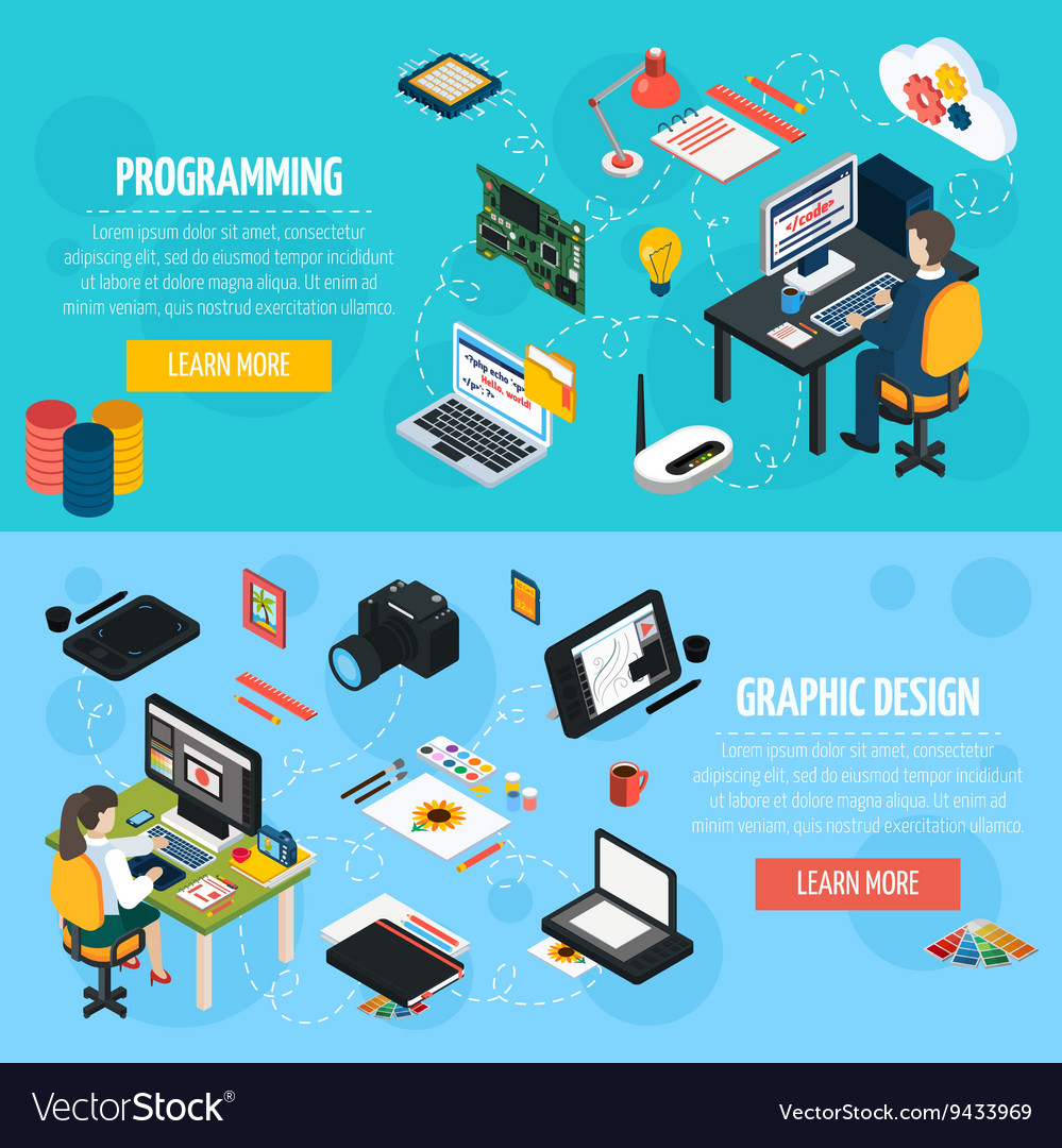 Programming and graphic design isometric banners Vector Image
