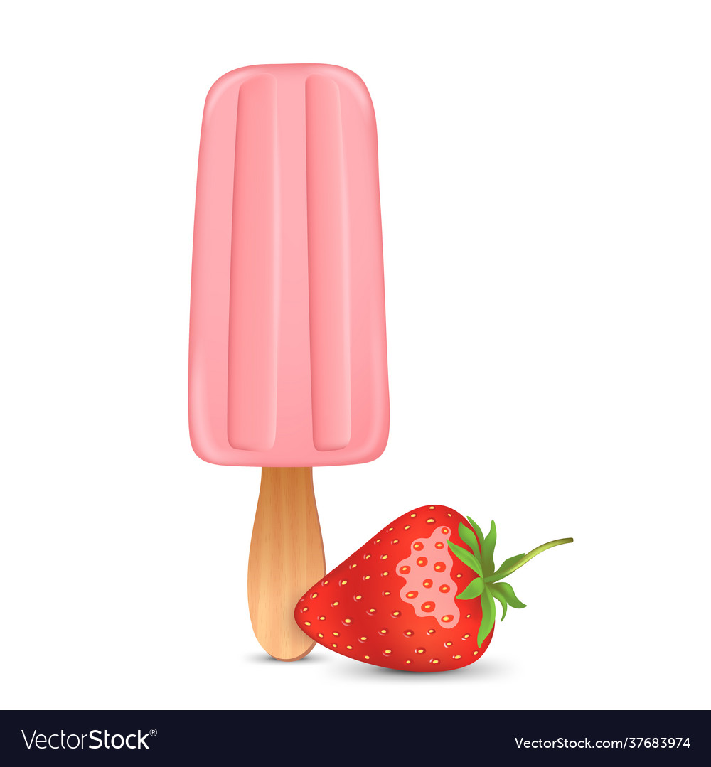 Pink ice cream with popsicle stick realistic