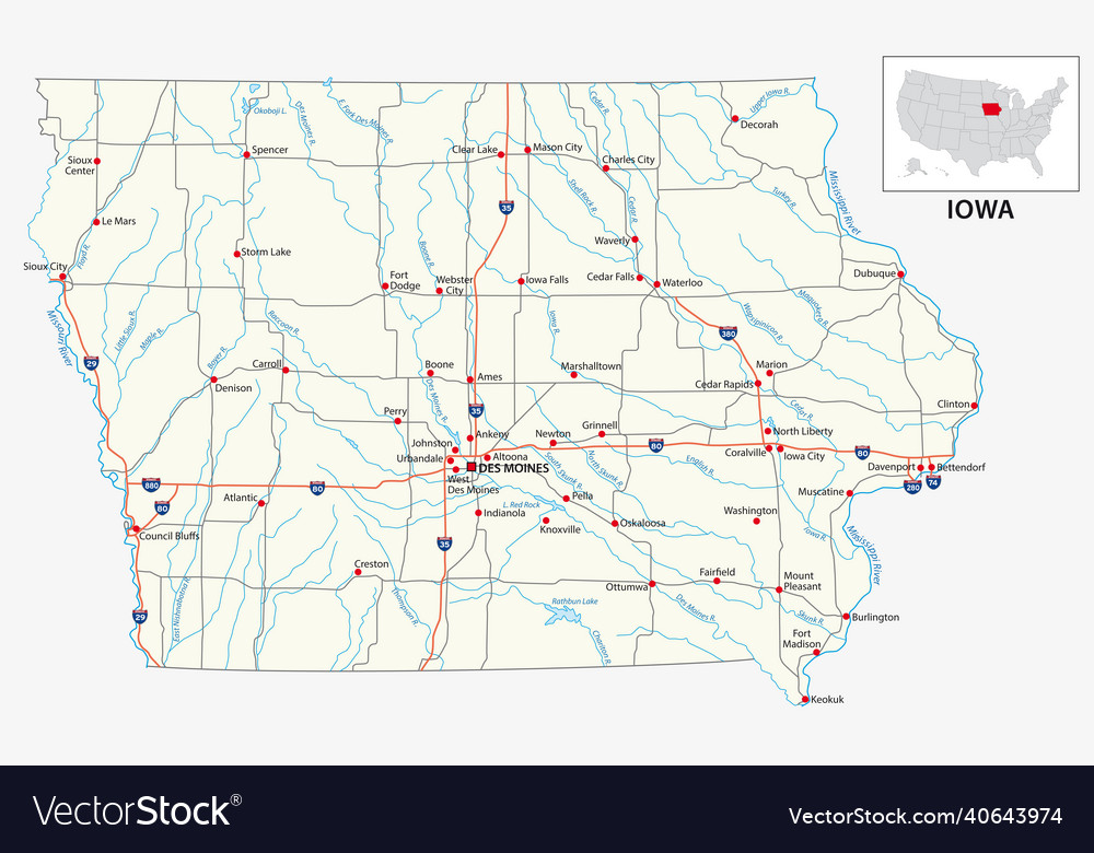 Road map of the us american state iowa Royalty Free Vector