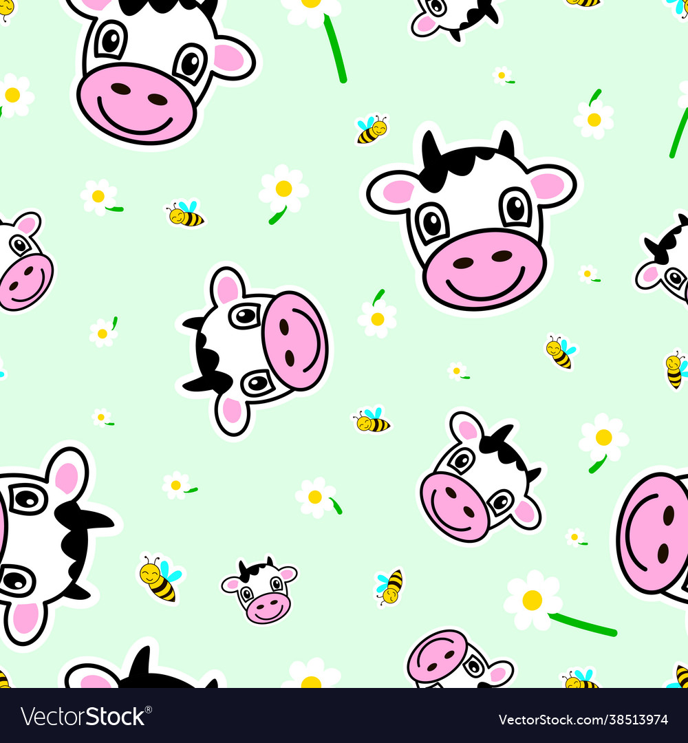 Seamless pattern cows bees and chamomile Vector Image