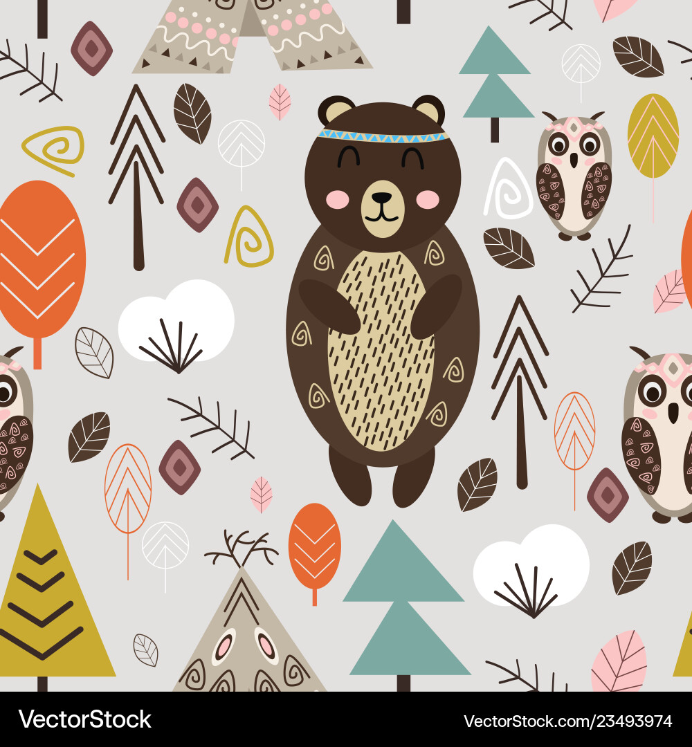 Seamless pattern with bear in forest scandinavian Vector Image