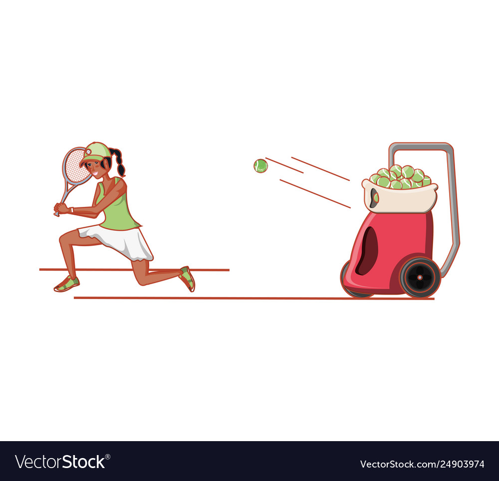 Woman practicing tennis with ball throwing machine