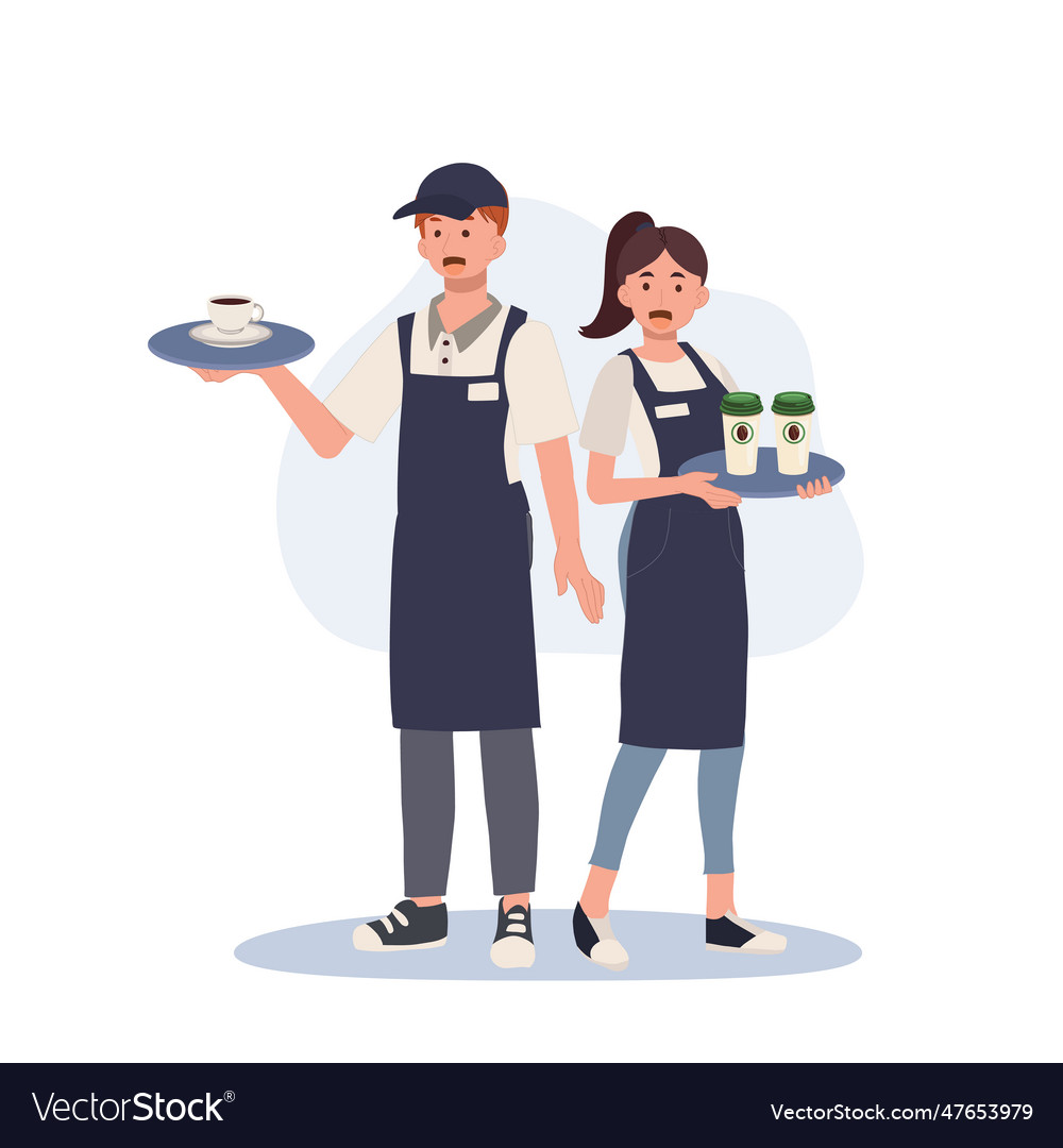 Full length of waiter and waitress holding a tray Vector Image