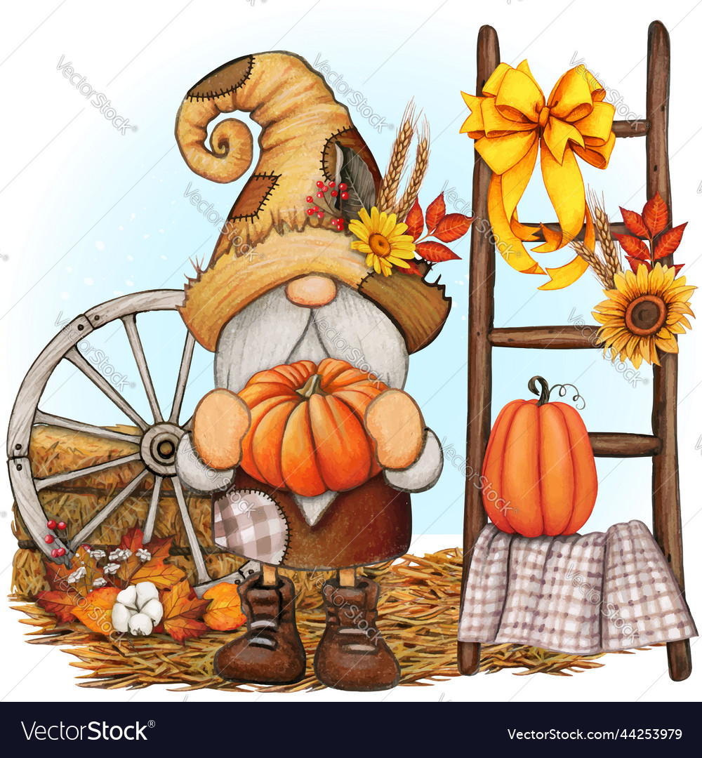 Watercolor cute fall season gnome Royalty Free Vector Image