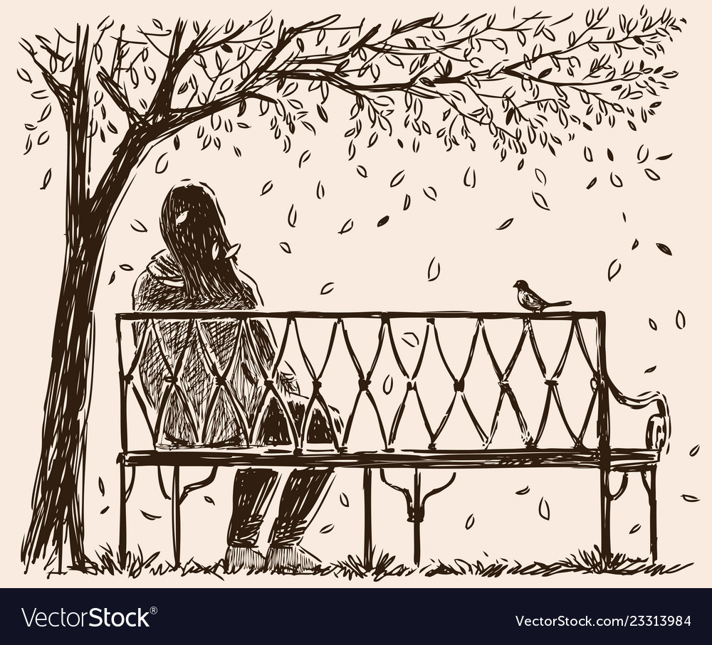 A Lonely Girl Sits O A Bench In An Autumn Park Vector Image