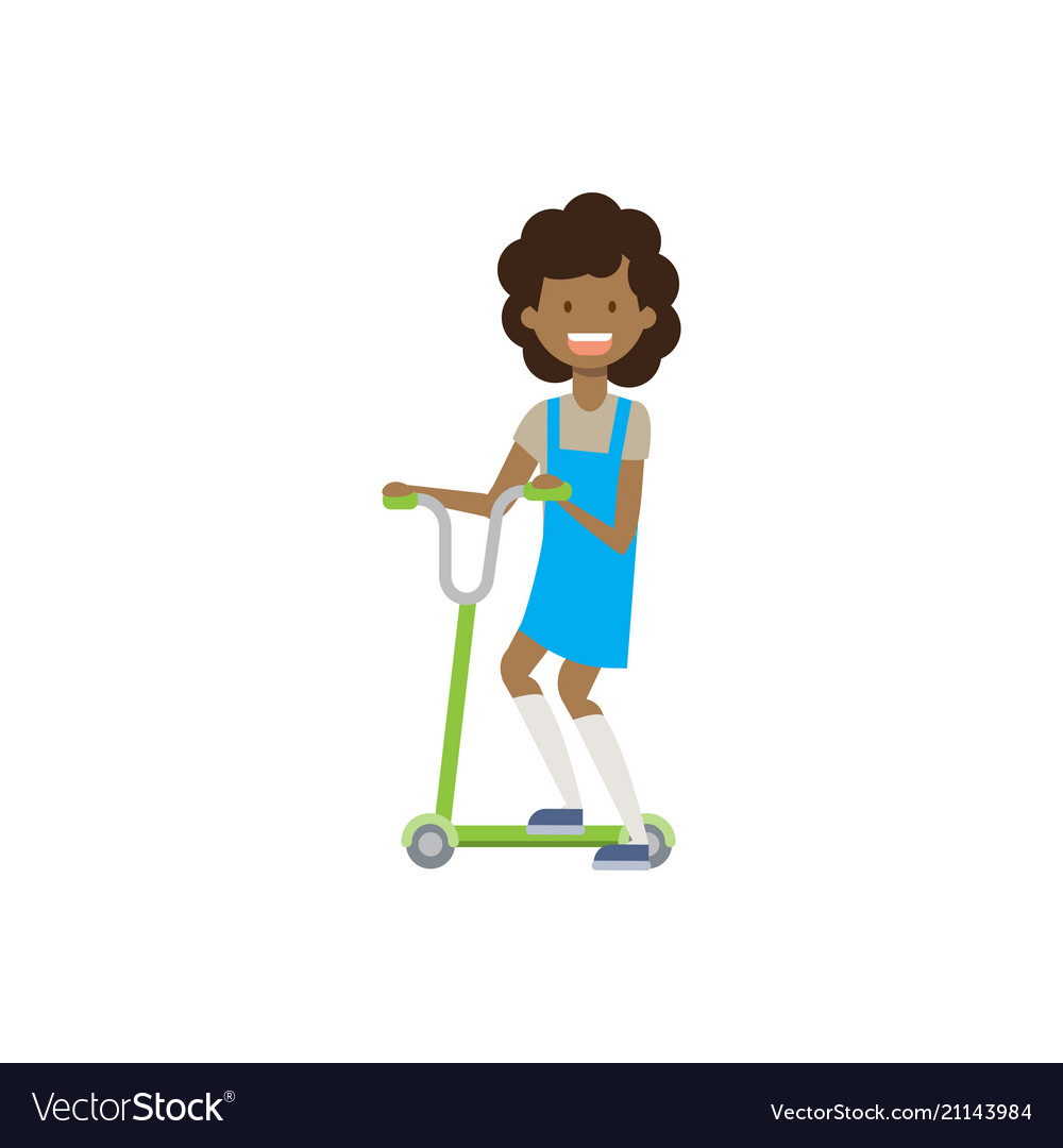 African young girl riding kick scooter over white