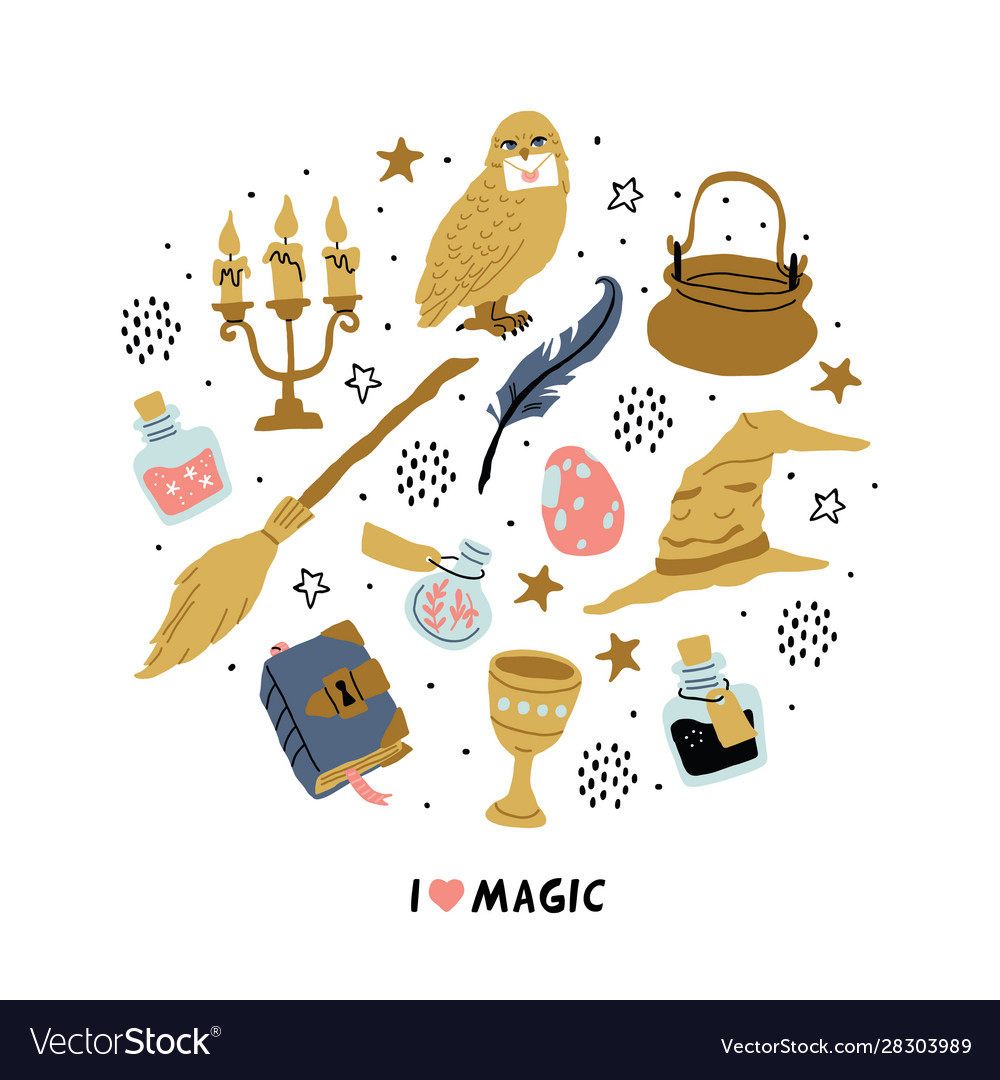 School magic objects isolated - pink broom