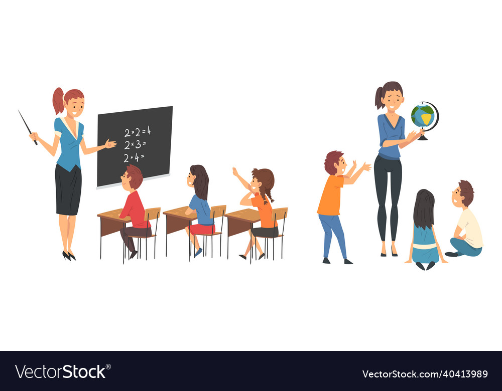 Woman school teacher teaching pupil at lesson Vector Image