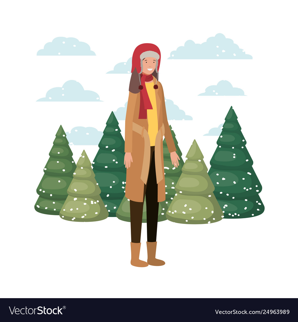 Young woman with winter clothes and pines