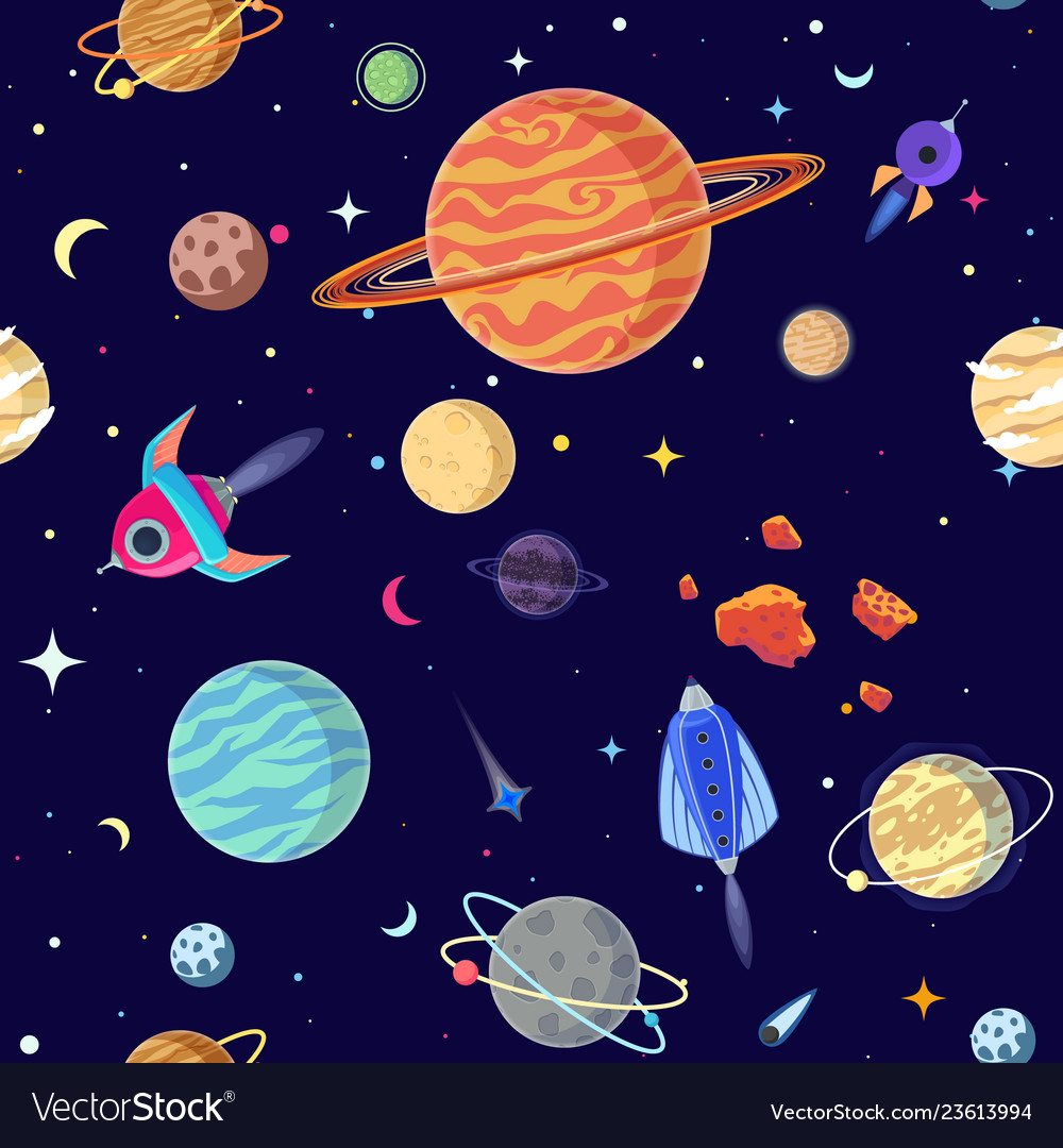 Seamless pattern planets in open space Royalty Free Vector