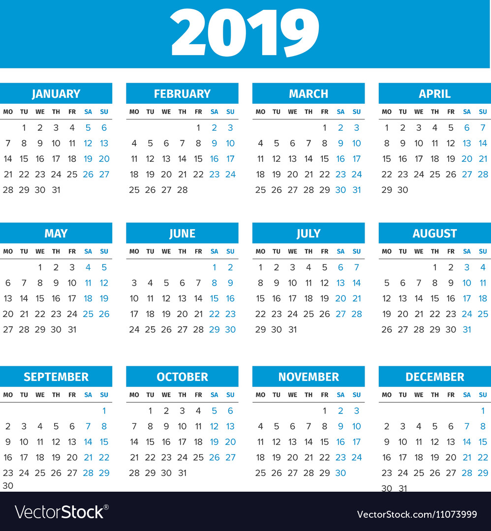 Simple 2019 year calendar Royalty Free Vector Image