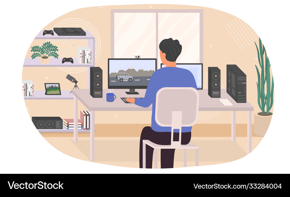 Gamer seated at his computer playing games Vector Image