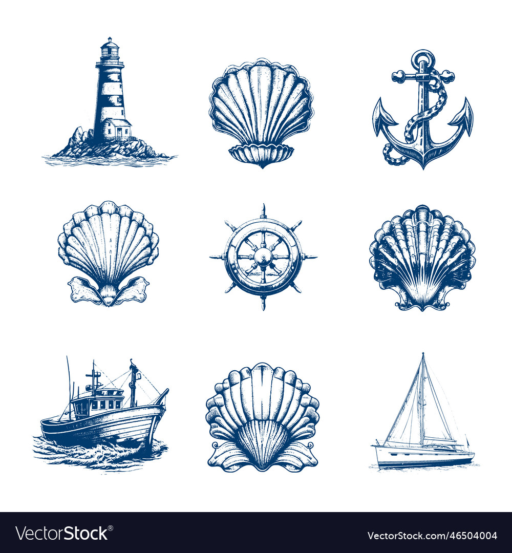 Marine doodles set with ships boats and nautical Vector Image