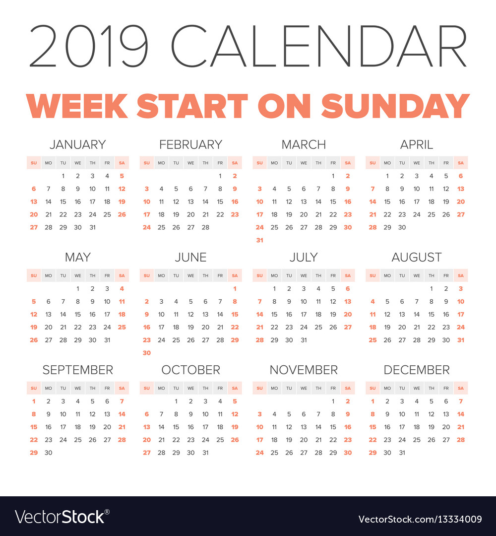 simple 2019 year calendar royalty free vector image year by year calendar