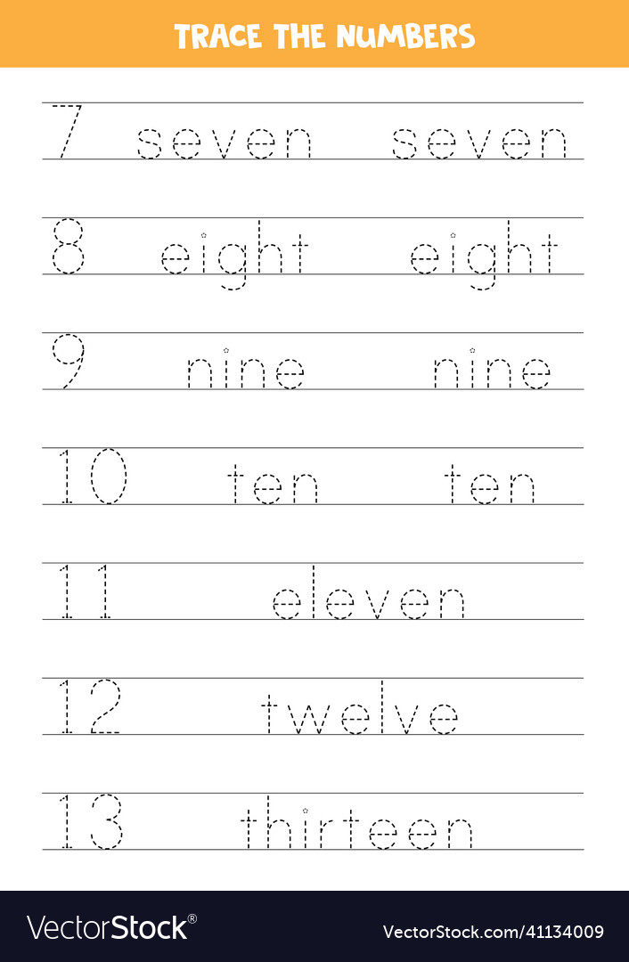 Tracing numbers in words worksheet for children Vector Image