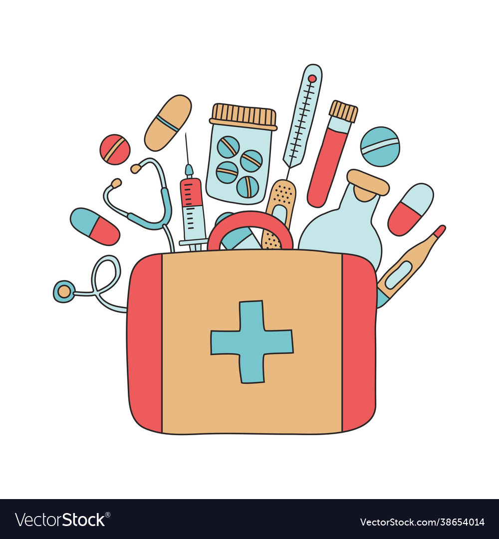 First aid kit with drugs medical box icon