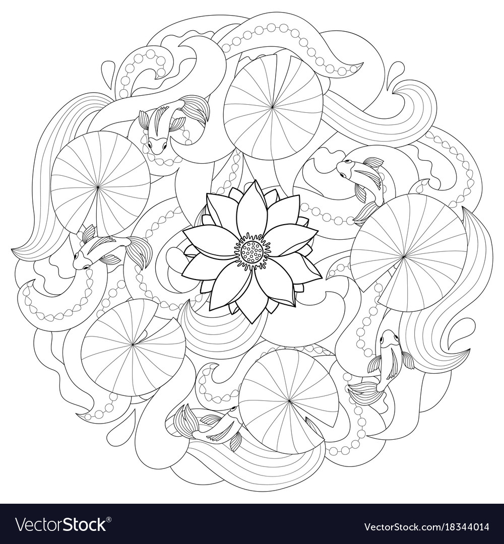 Lotus and fishes coloring page