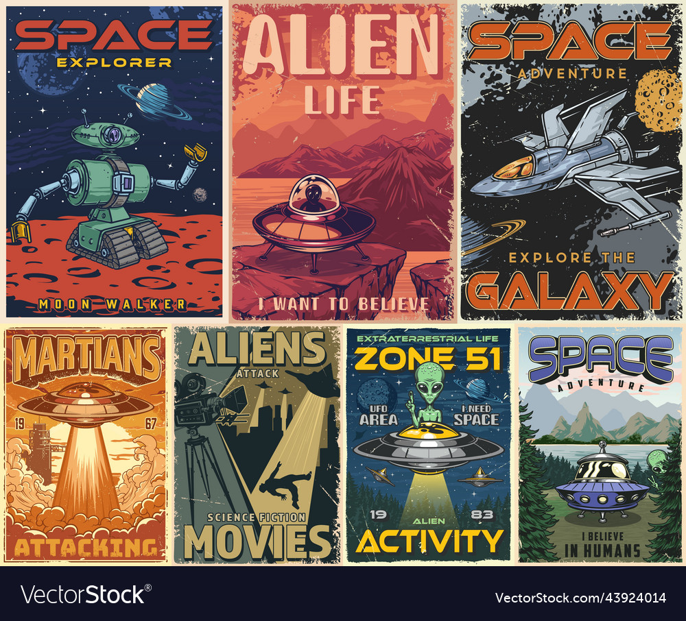 Space explorer set colorful posters vector image Space explorer set colorful posters