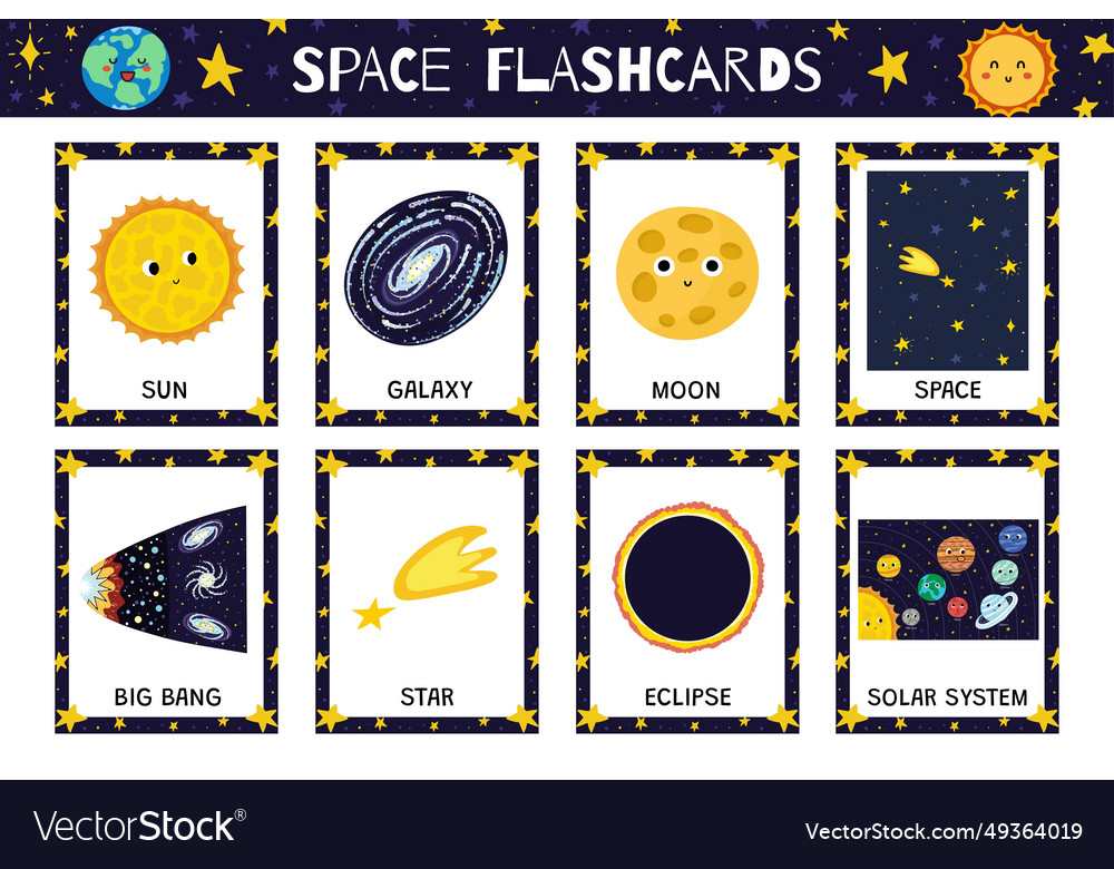 Space flashcards collection with cute characters Vector Image