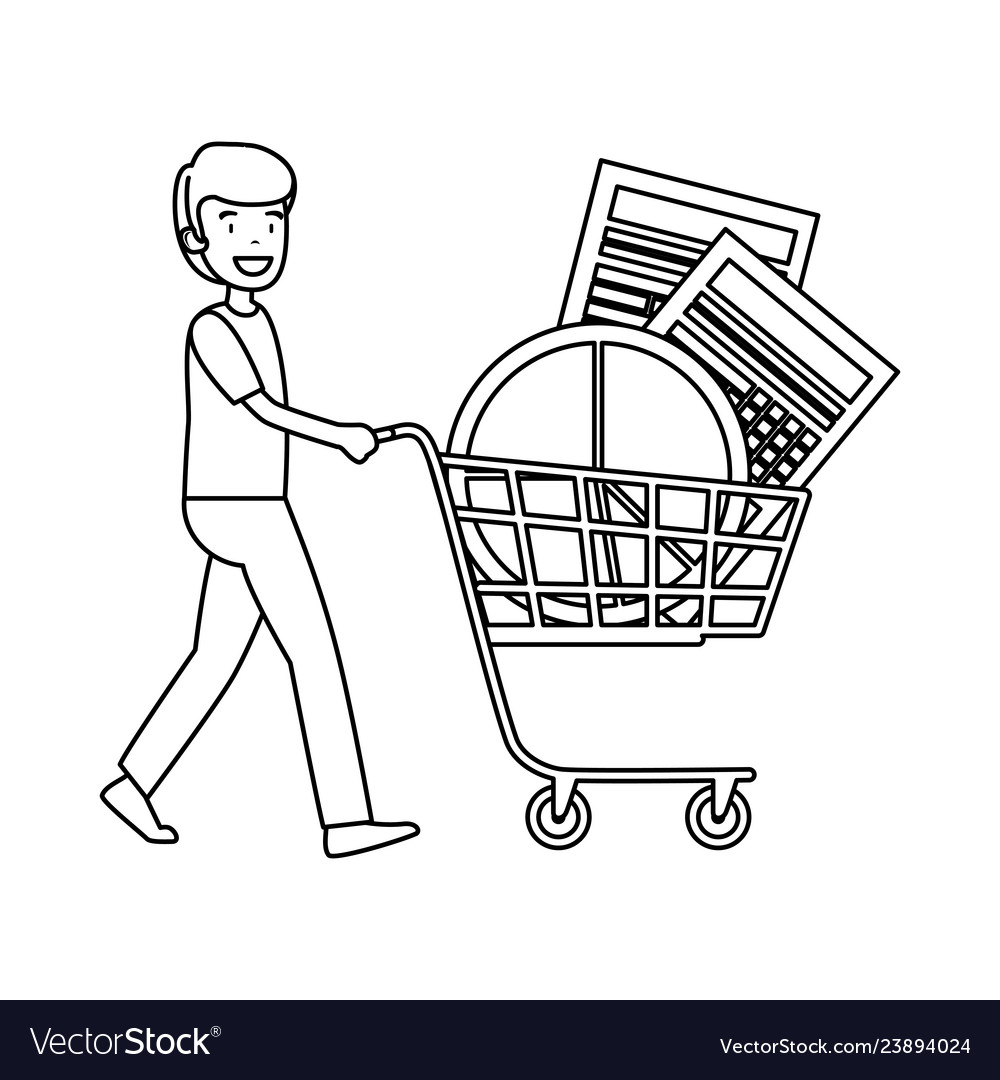 Businessman with shopping cart and statistics Vector Image