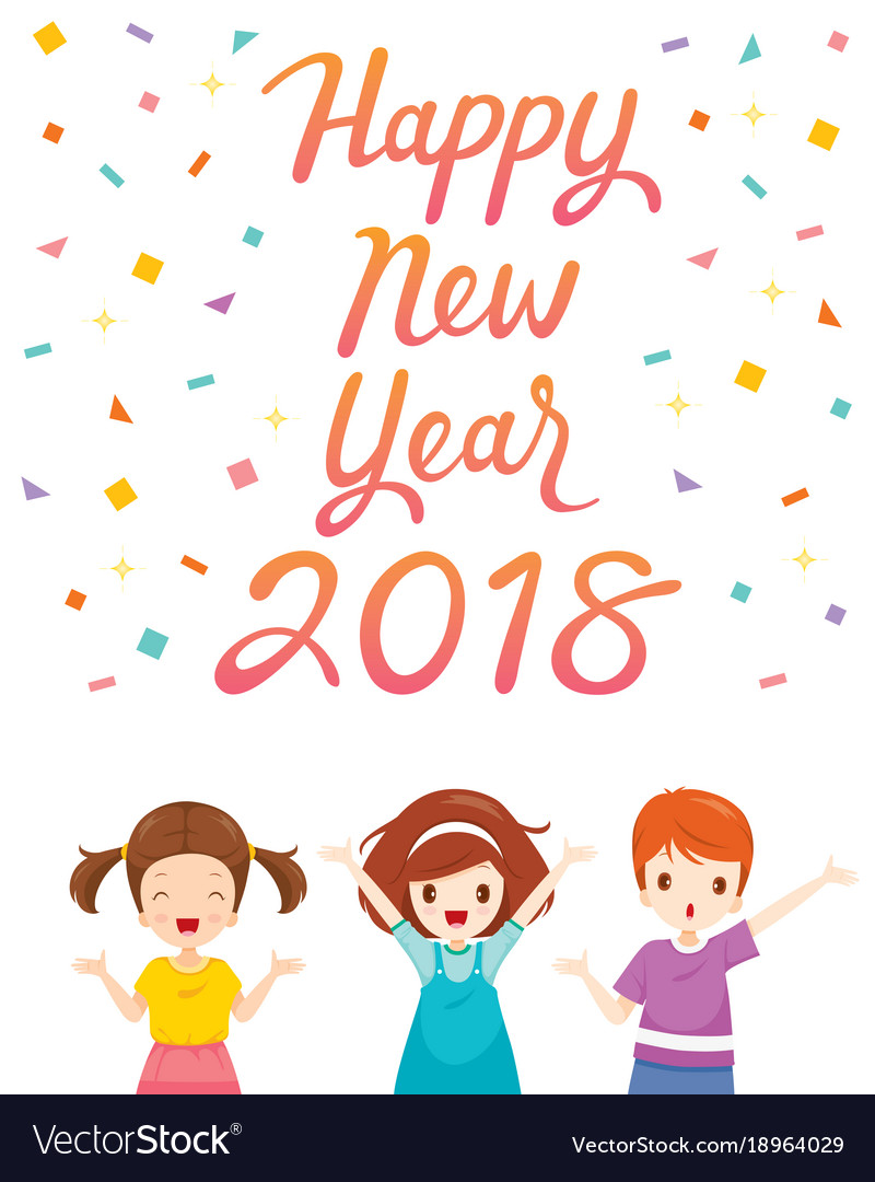 Happy new year 2018 text with boy and girl Vector Image