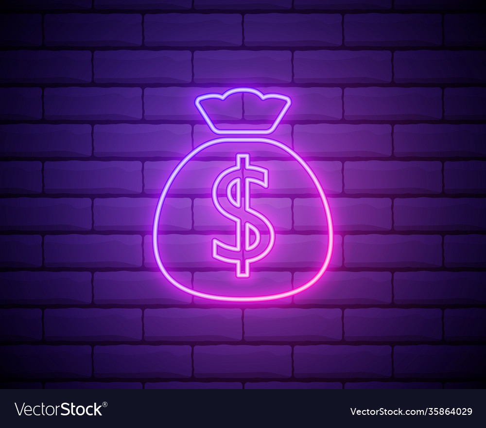 Neon light money bag line icon cash banking Vector Image