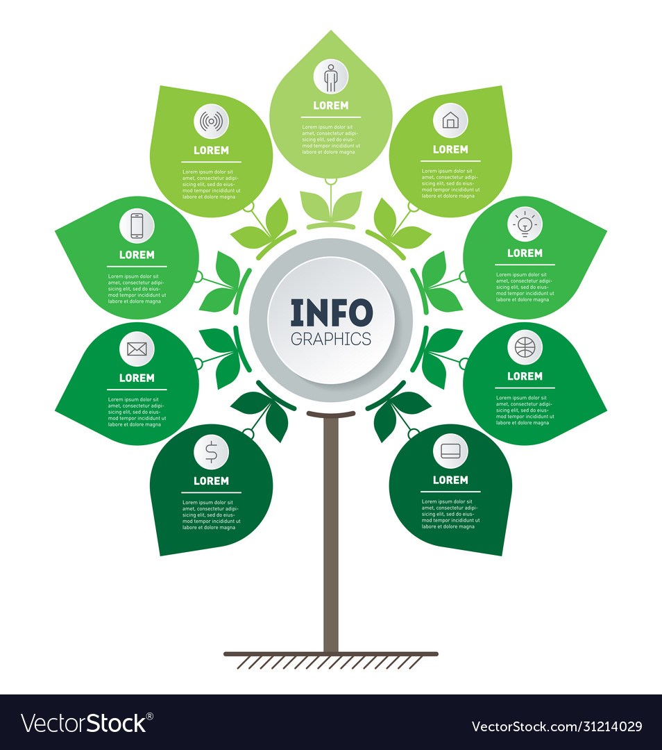 Timeline oder Infografiken mit neun Schritten Baum