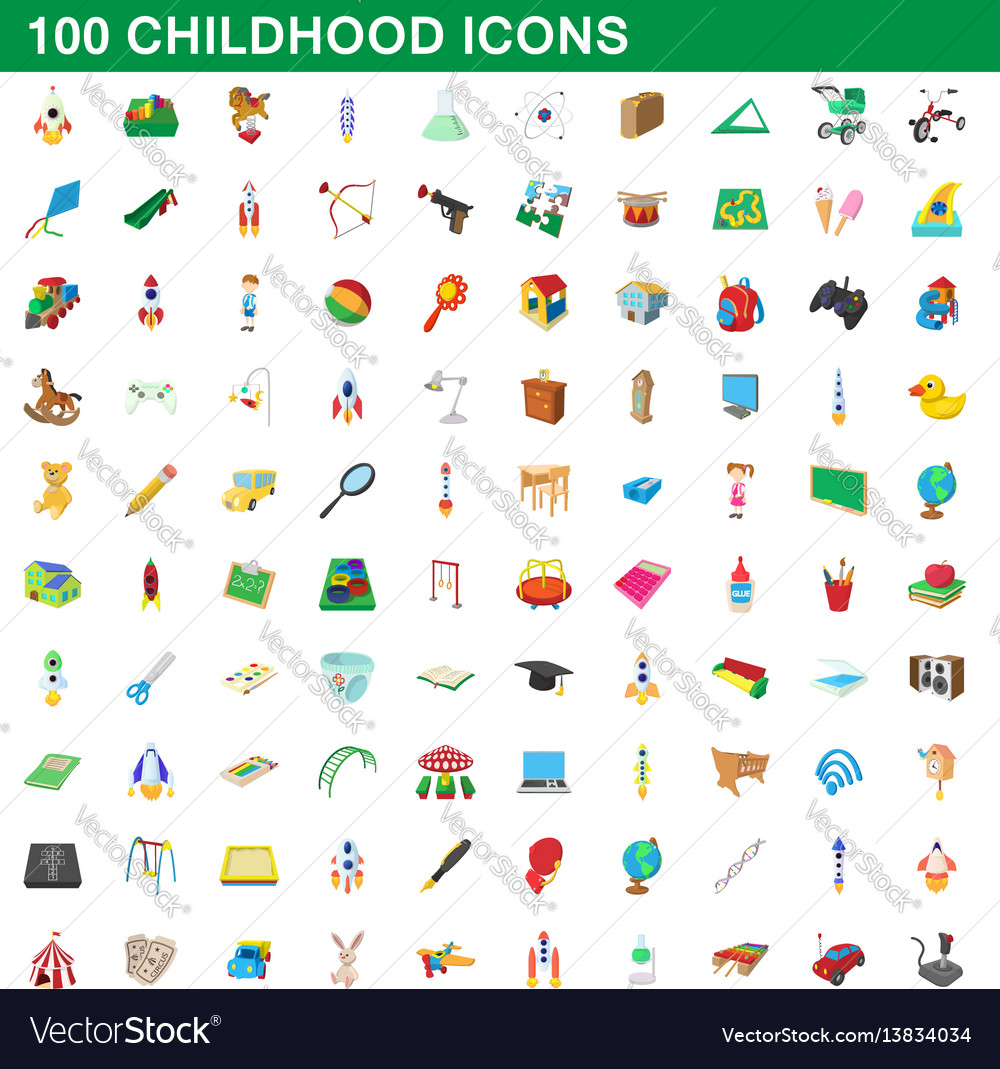 100 childhood icons set cartoon style vector image 100 childhood icons set cartoon style