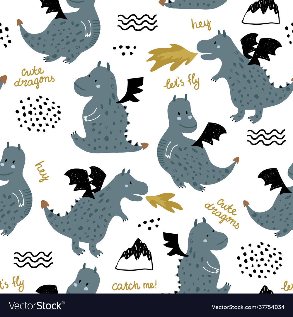 Childish seamless pattern with cute dragons