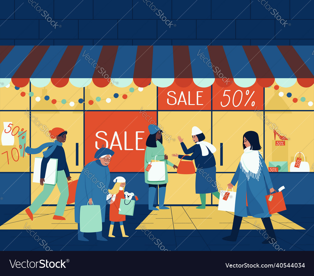 Men and women with a child go shopping down