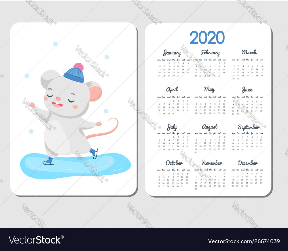 2020 calendar template with cartoon mouse chinese